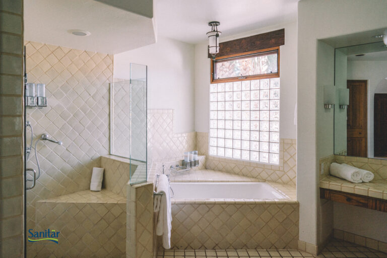 Modern minimalist bathroom interior featuring sleek faucets and clean lines
