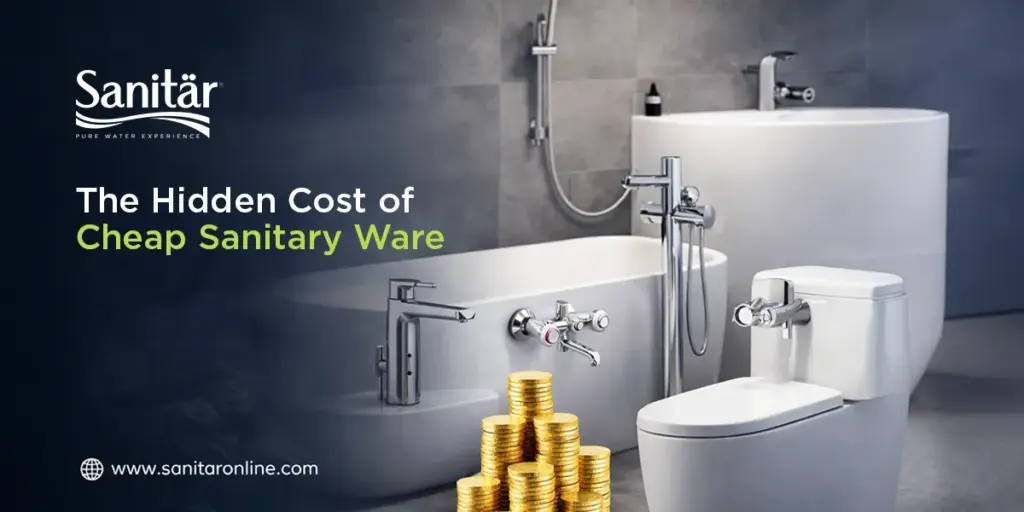 Modern bathroom featuring chrome sanitary fittings and a bathtub with stacked gold coins, highlighting the hidden cost of cheap sanitary ware with a bold title and Sanitar logo.