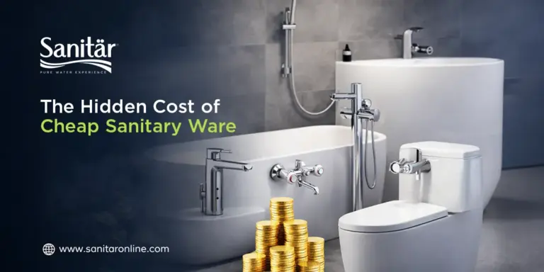 Modern bathroom featuring chrome sanitary fittings and a bathtub with stacked gold coins, highlighting the hidden cost of cheap sanitary ware with a bold title and Sanitar logo.